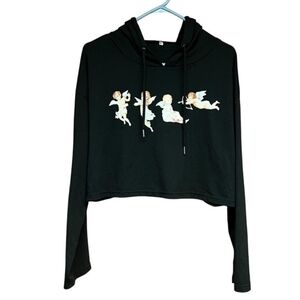 Black Cropped Hoodie with Angel Print